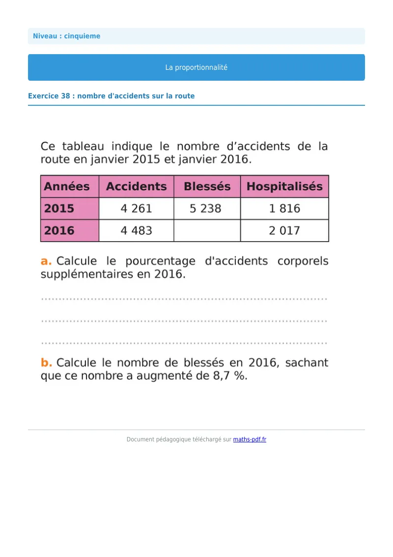 Proportionnalité : exercice n°38 de maths en 5ème corrigé en PDF
