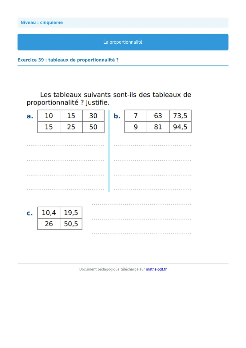 Proportionnalité : exercice n°39 de maths en 5ème corrigé en PDF
