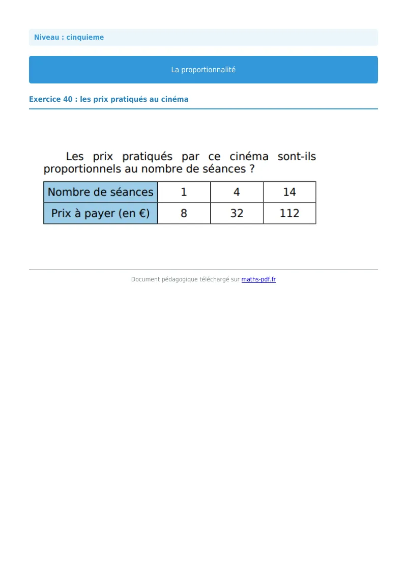 Proportionnalité : exercice n°40 de maths en 5ème corrigé en PDF