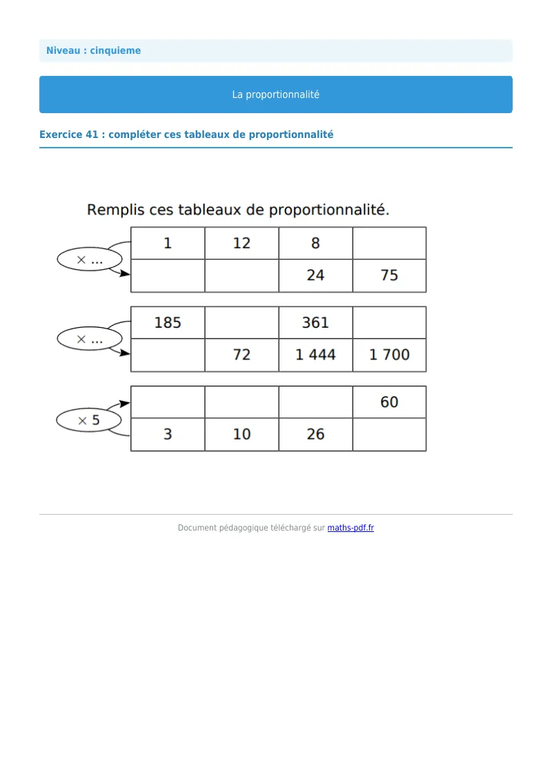 Proportionnalité : exercice n°41 de maths en 5ème corrigé en PDF