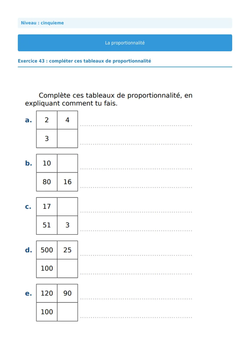 Proportionnalité : exercice n°43 de maths en 5ème corrigé en PDF