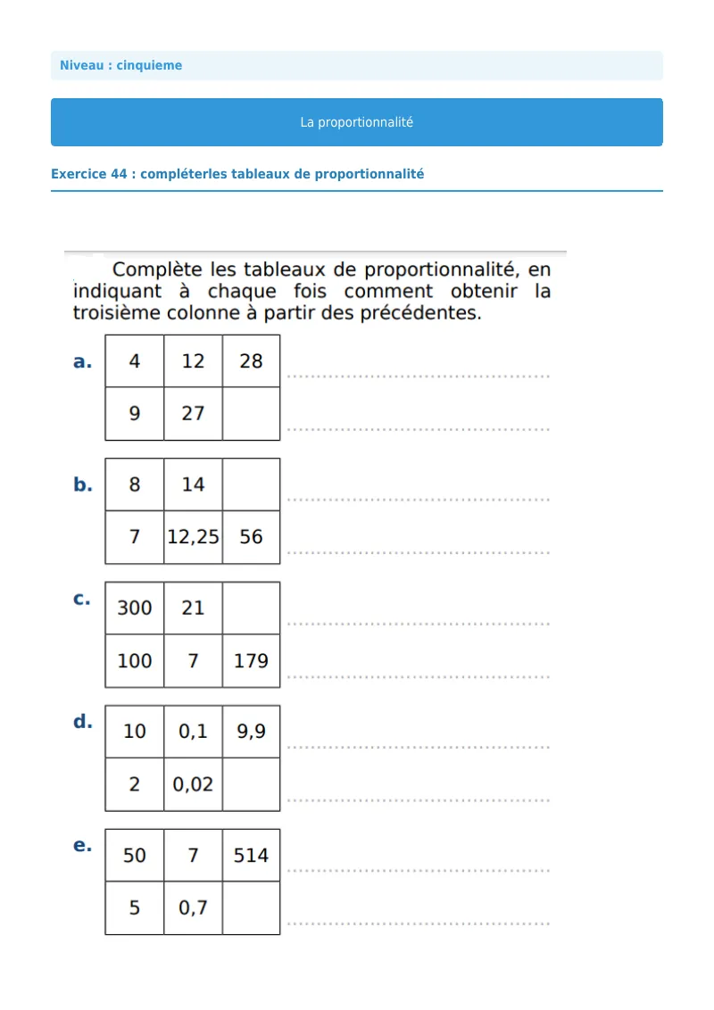Proportionnalité : exercice n°44 de maths en 5ème corrigé en PDF