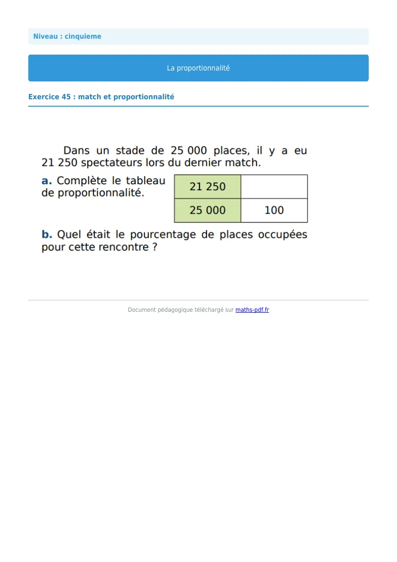 Proportionnalité : exercice n°45 de maths en 5ème corrigé en PDF
