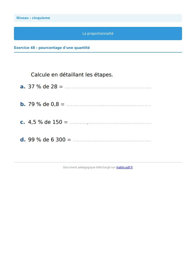 Proportionnalité : exercice n°48 de maths en 5ème corrigé en PDF