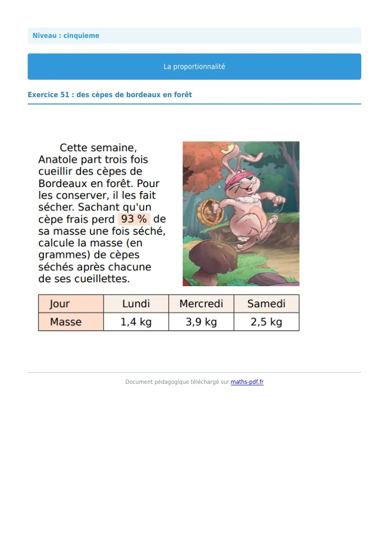 Proportionnalité : exercice n°51 de maths en 5ème corrigé en PDF