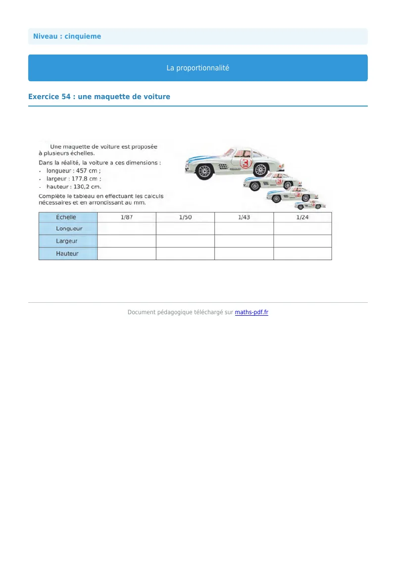Proportionnalité : exercice n°54 de maths en 5ème corrigé en PDF