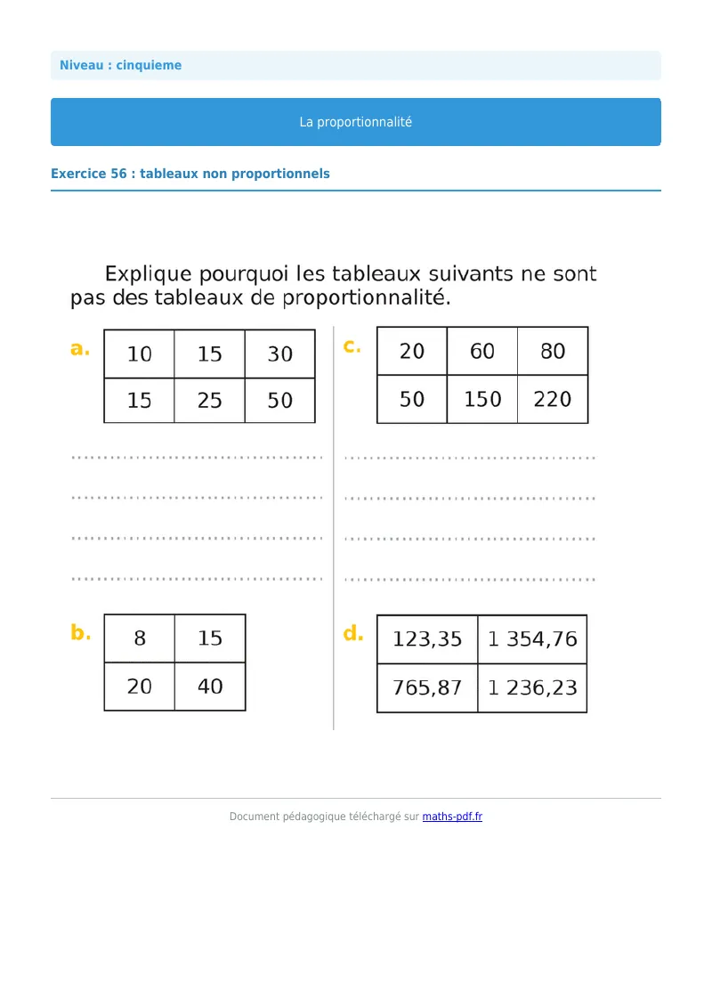 Proportionnalité : exercice n°56 de maths en 5ème corrigé en PDF