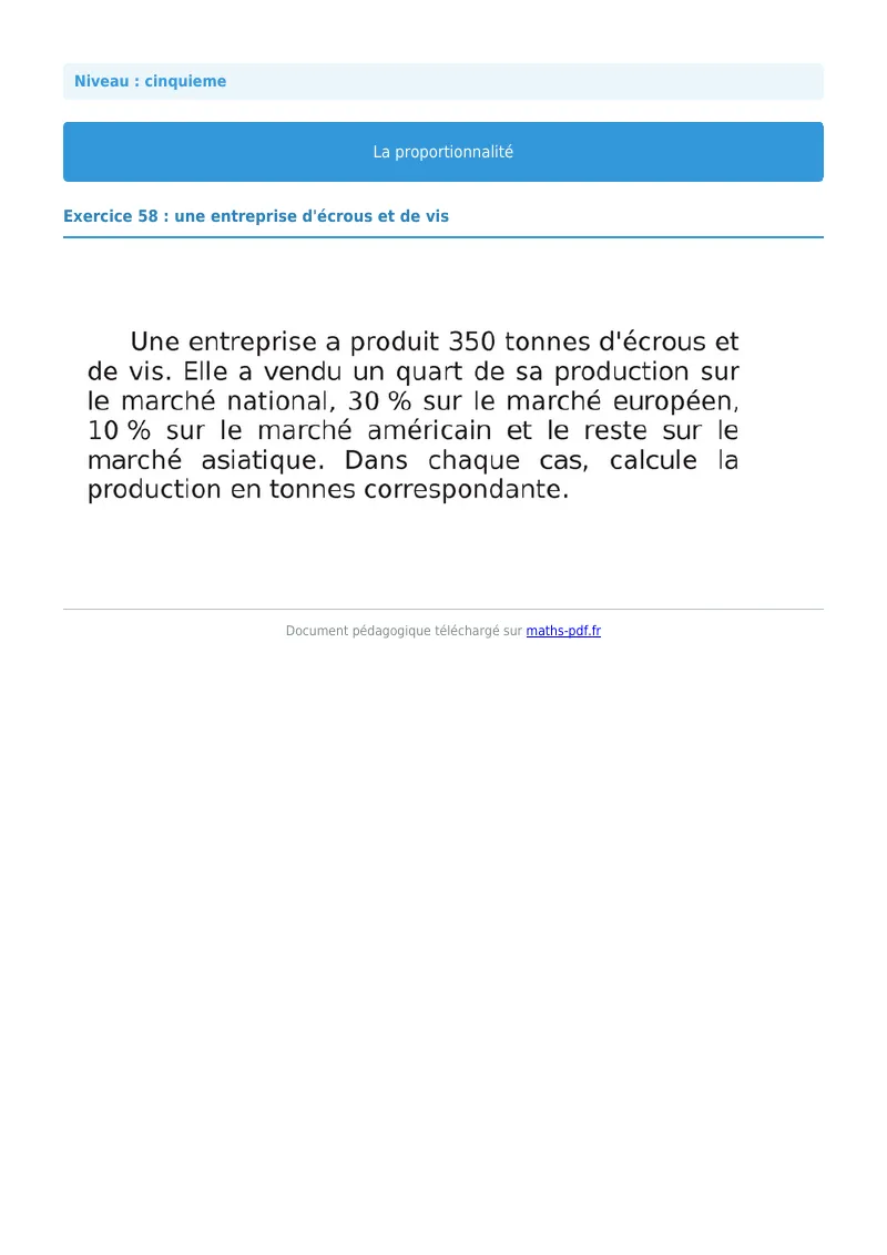 Proportionnalité : exercice n°58 de maths en 5ème corrigé en PDF