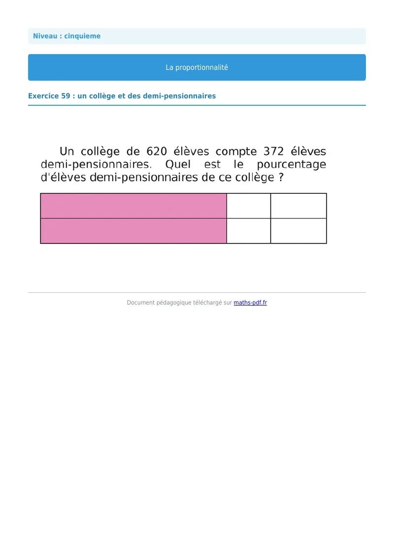 Proportionnalité : exercice n°59 de maths en 5ème corrigé en PDF