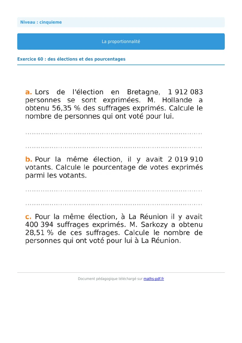 Proportionnalité : exercice n°60 de maths en 5ème corrigé en PDF
