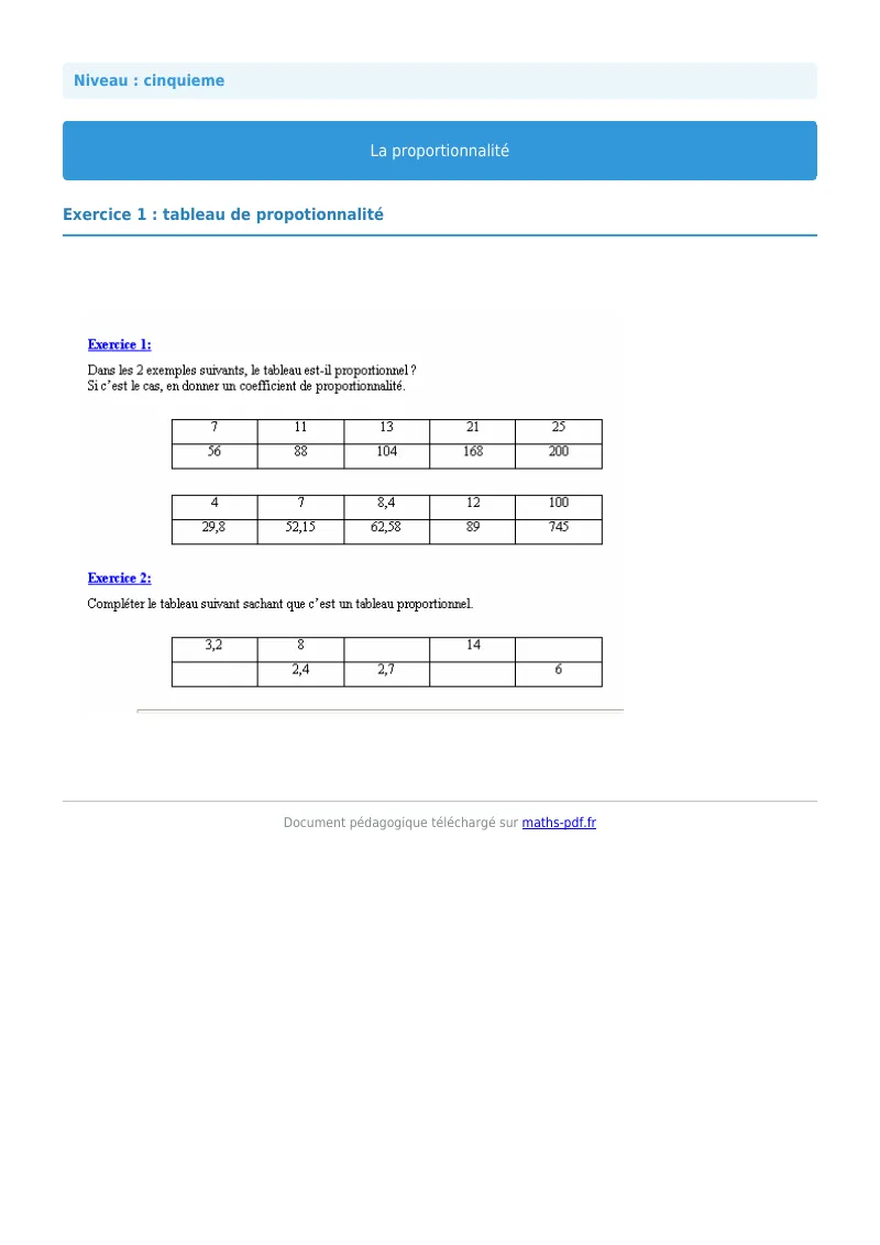 Proportionnalité : exercice n°1 de maths en 5ème corrigé en PDF