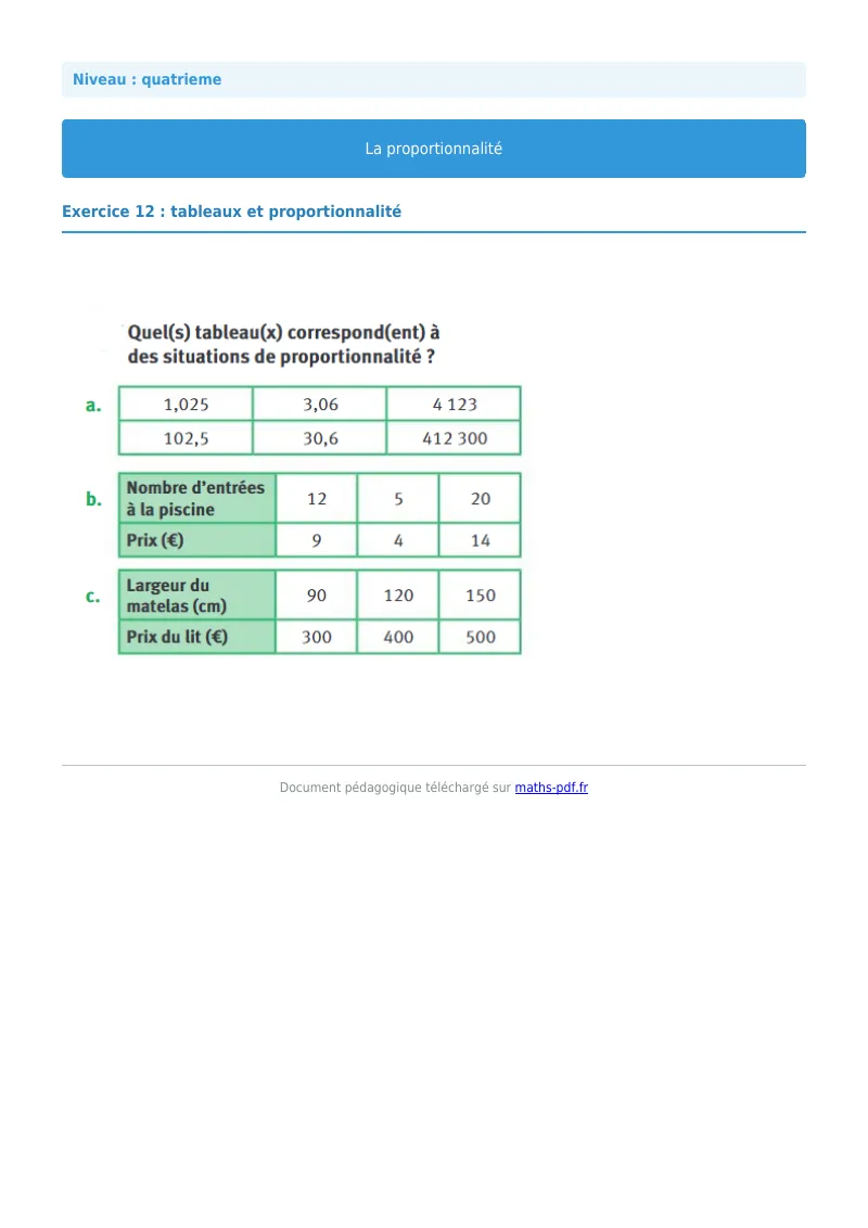 Proportionnalité : exercice n°11 de maths en 4ème corrigé en PDF