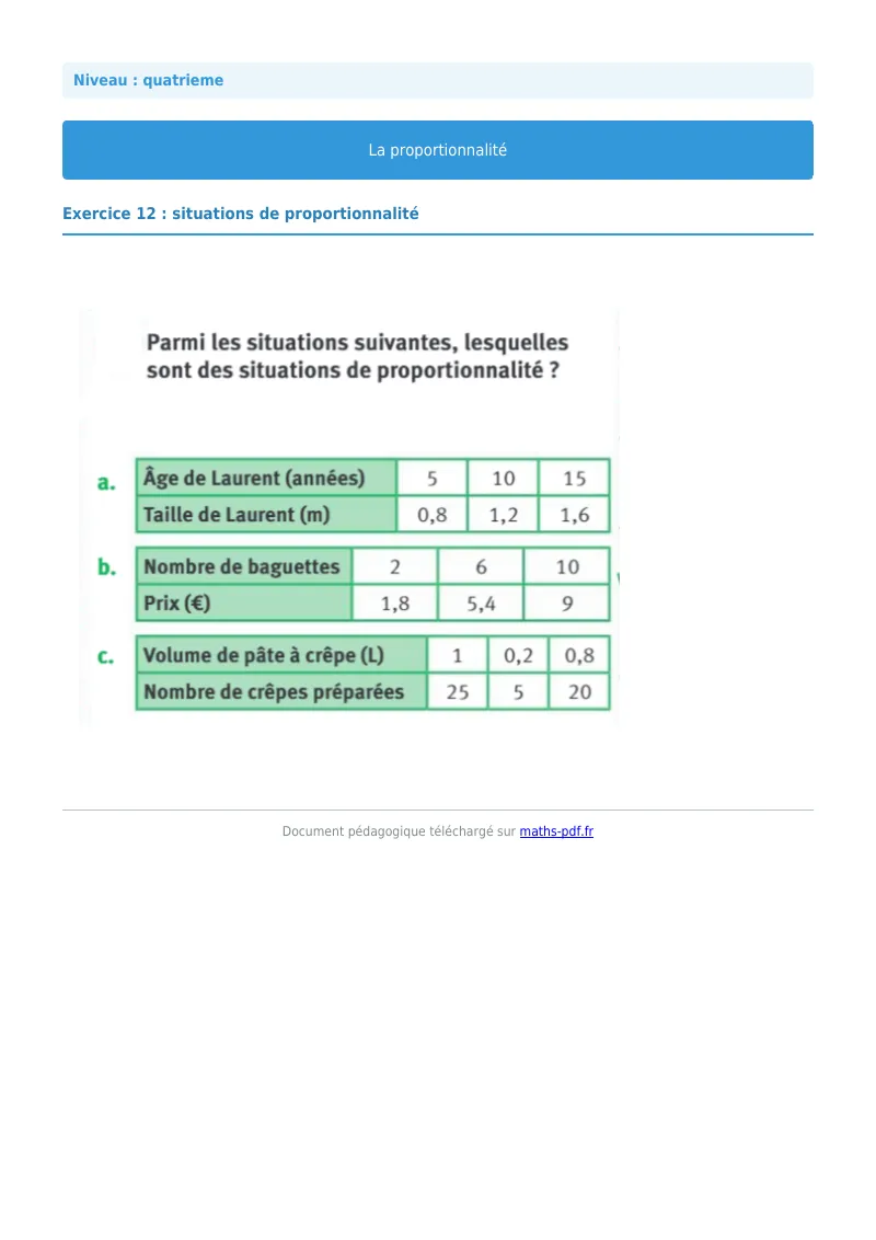 Proportionnalité : exercice n°12 de maths en 4ème corrigé en PDF