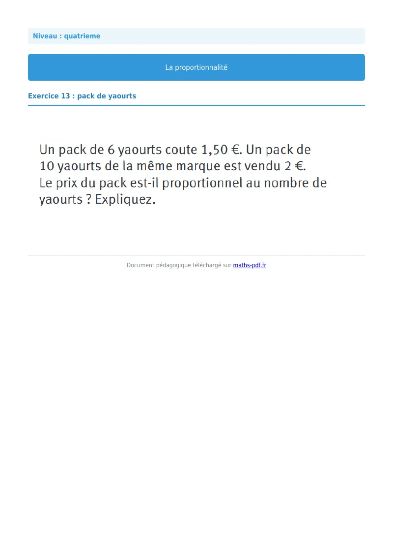 Proportionnalité : exercice n°13 de maths en 4ème corrigé en PDF