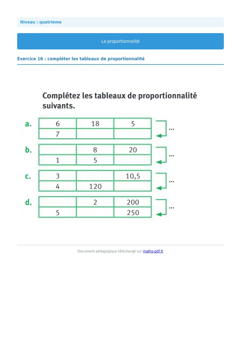 Proportionnalité : exercice n°16 de maths en 4ème corrigé en PDF