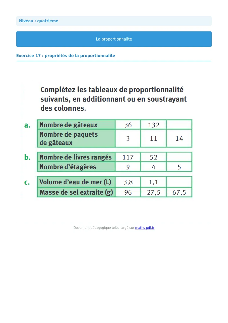 Proportionnalité : exercice n°17 de maths en 4ème corrigé en PDF