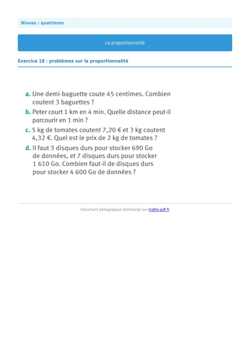Proportionnalité : exercice n°18 de maths en 4ème corrigé en PDF