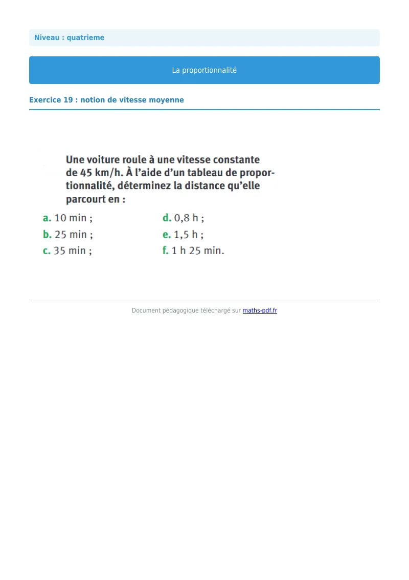 Proportionnalité : exercice n°19 de maths en 4ème corrigé en PDF