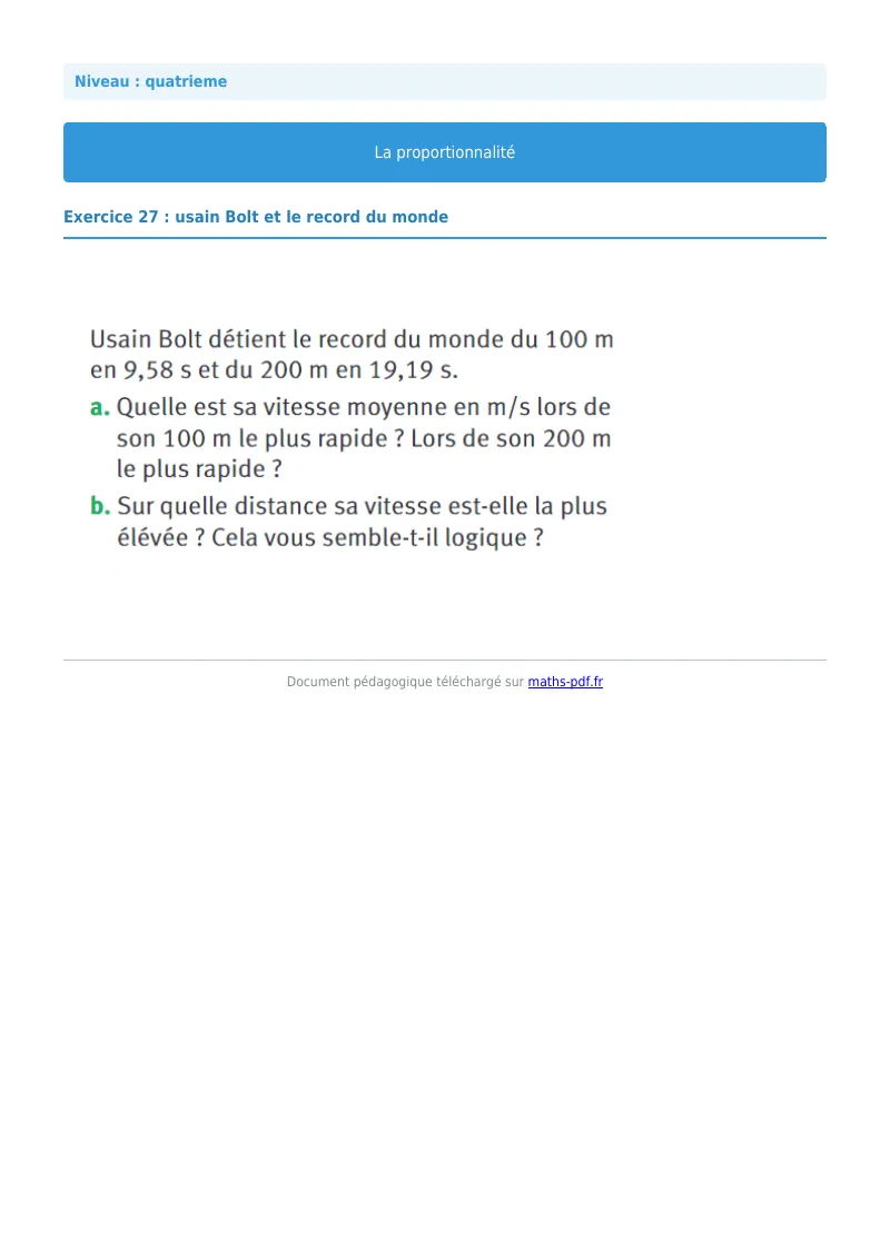 Proportionnalité : exercice n°27 de maths en 4ème corrigé en PDF