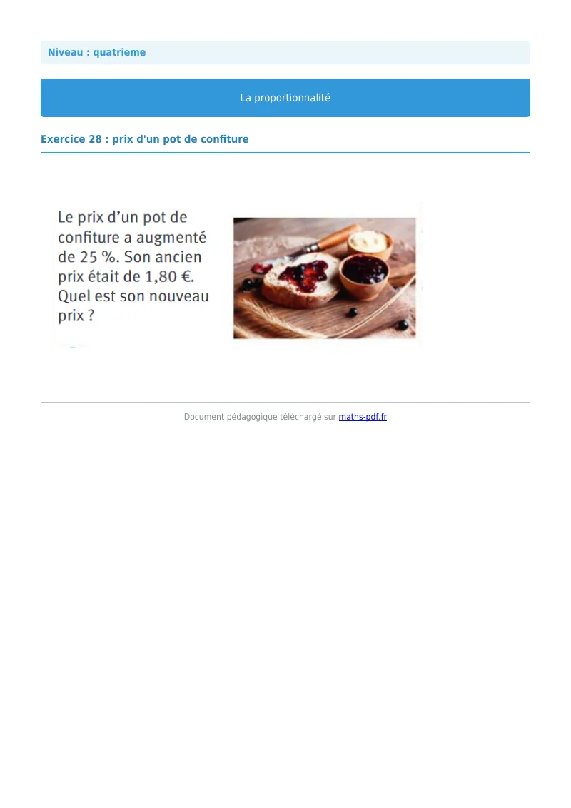 Proportionnalité : exercice n°28 de maths en 4ème corrigé en PDF