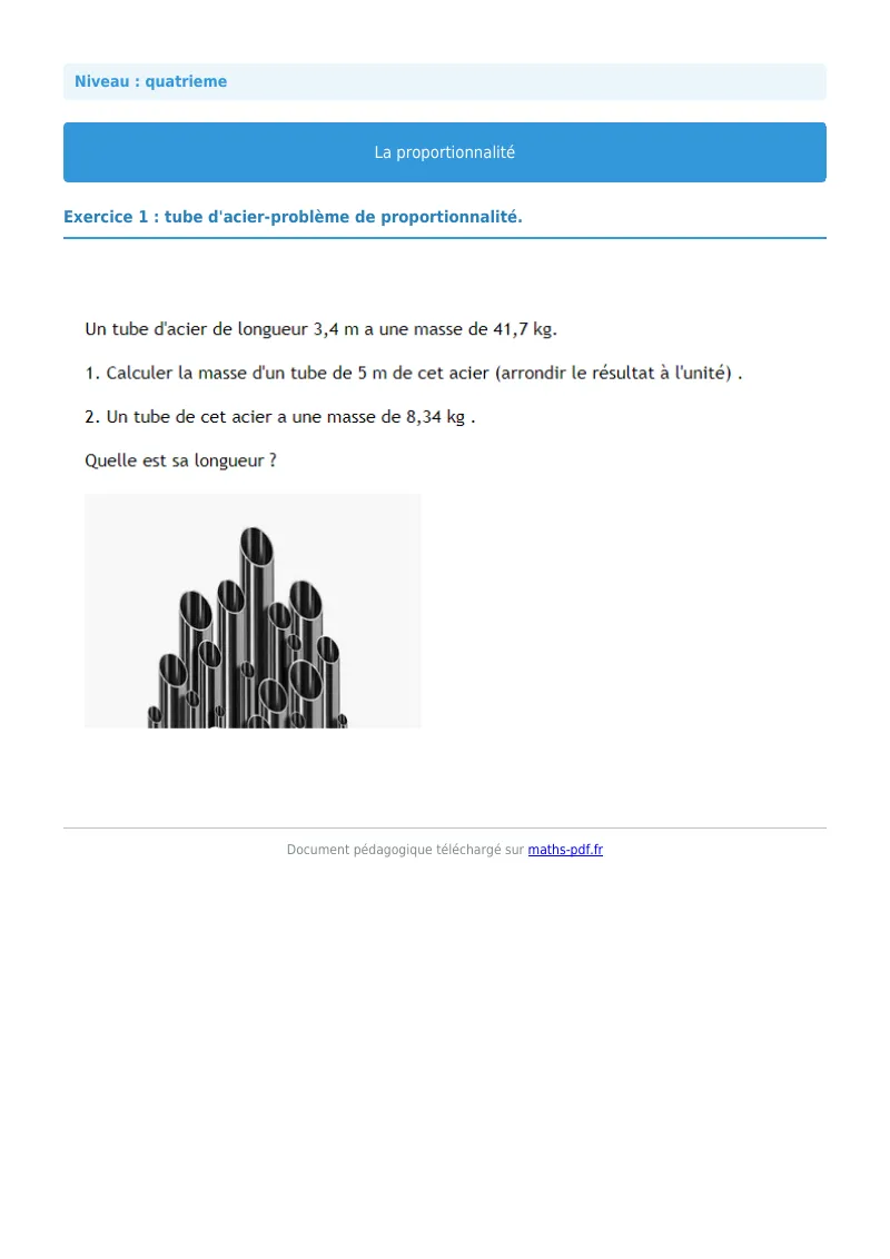 Proportionnalité : exercice n°1 de maths en 4ème corrigé en PDF