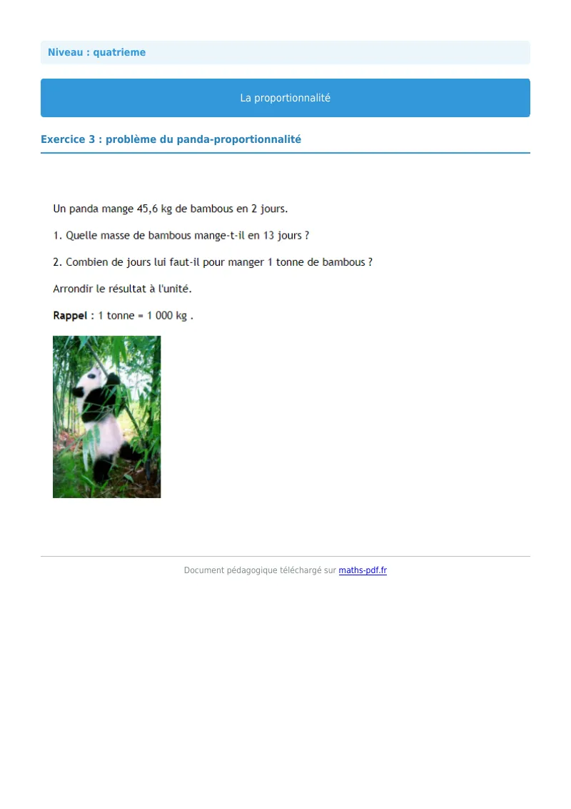 Proportionnalité : exercice n°2 de maths en 4ème corrigé en PDF