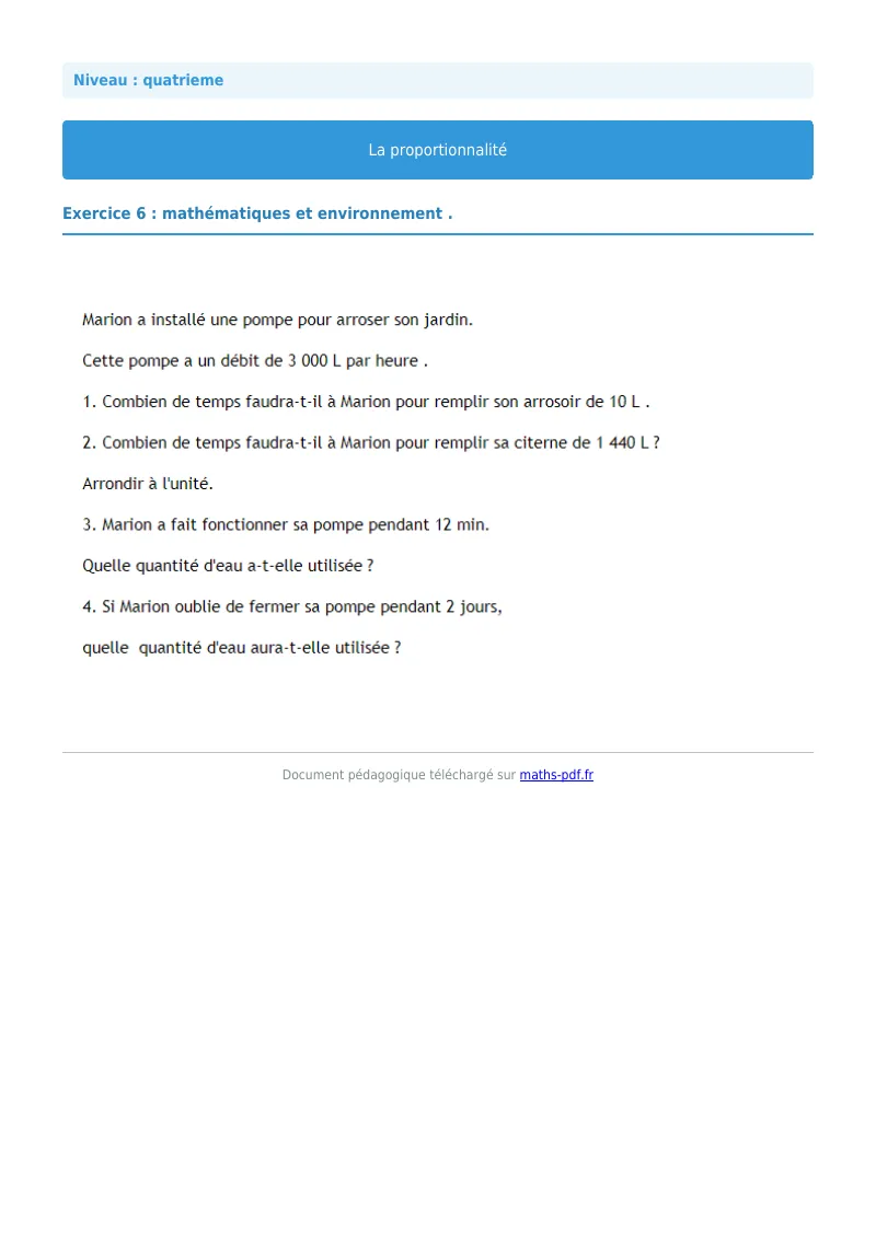 Proportionnalité : exercice n°4 de maths en 4ème corrigé en PDF