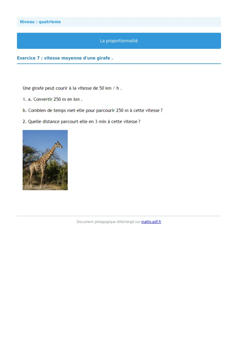 Proportionnalité : exercice n°7 de maths en 4ème corrigé en PDF