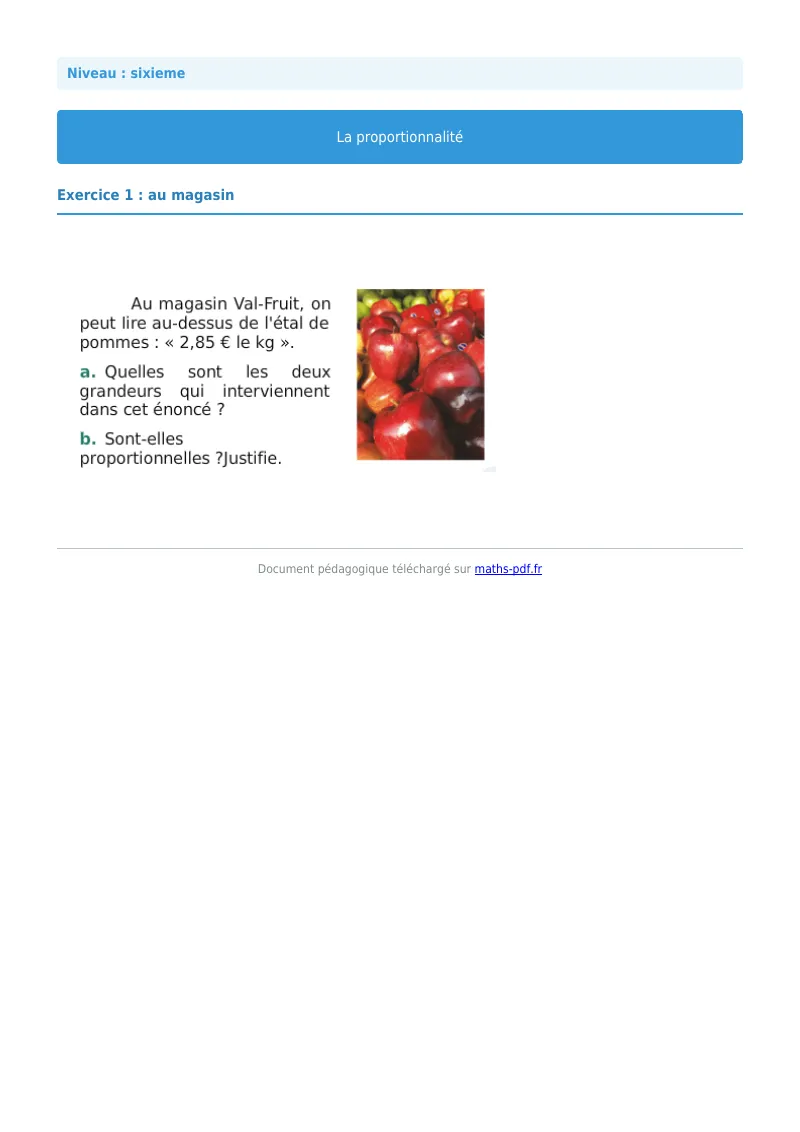 Proportionnalité : exercice n°1 de maths en 6ème corrigé en PDF