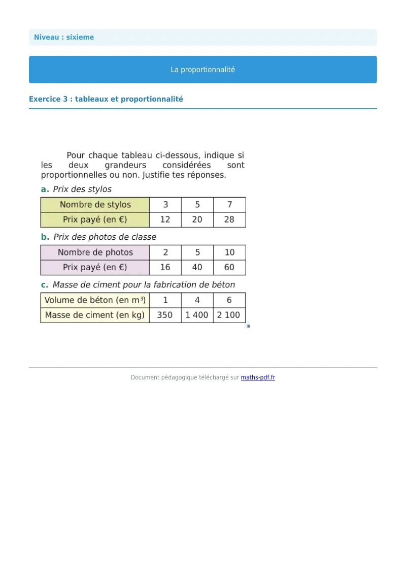 Proportionnalité : exercice n°3 de maths en 6ème corrigé en PDF