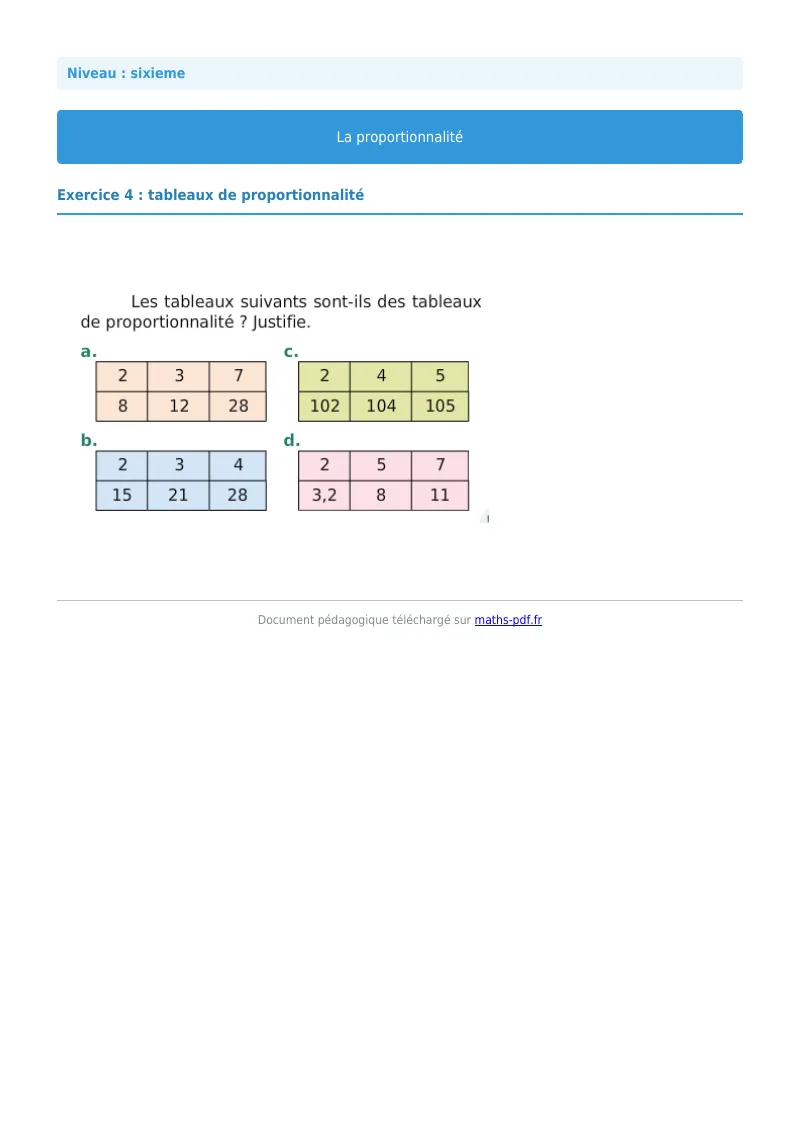 Proportionnalité : exercice n°4 de maths en 6ème corrigé en PDF
