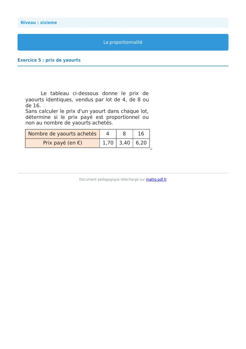 Proportionnalité : exercice n°5 de maths en 6ème corrigé en PDF