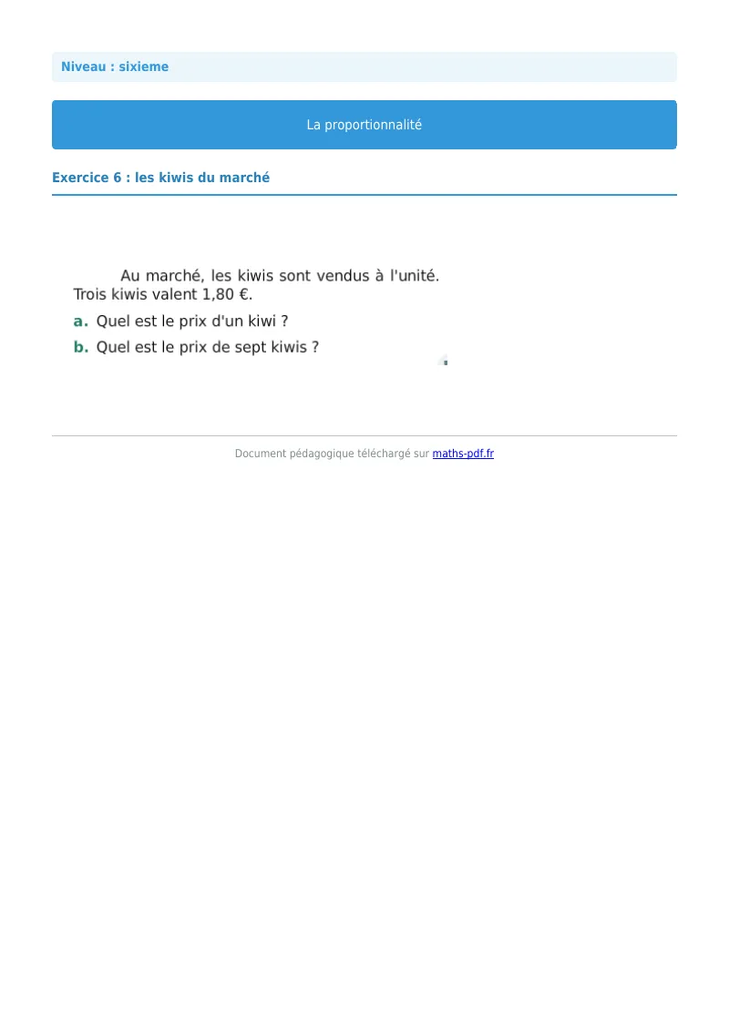 Proportionnalité : exercice n°6 de maths en 6ème corrigé en PDF