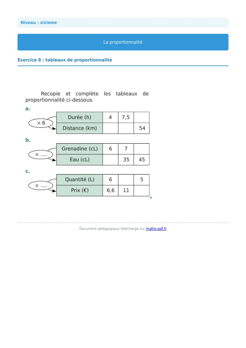Proportionnalité : exercice n°8 de maths en 6ème corrigé en PDF