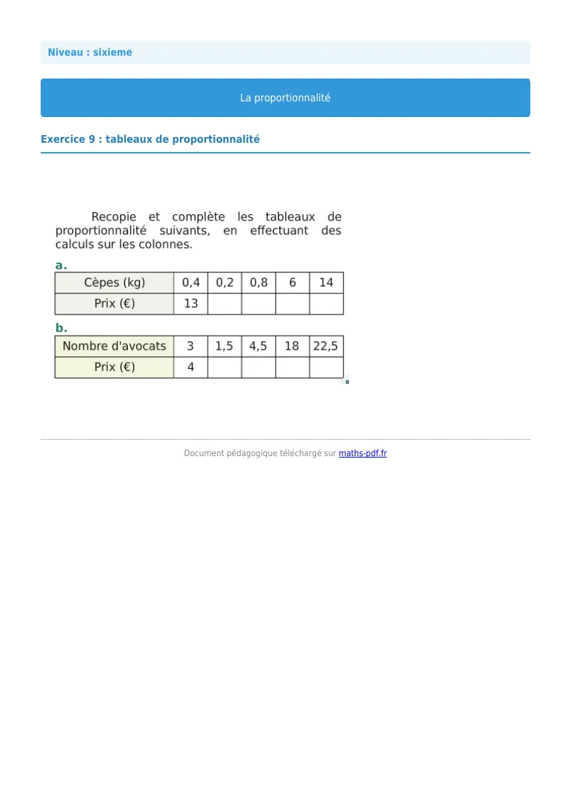 Proportionnalité : exercice n°9 de maths en 6ème corrigé en PDF
