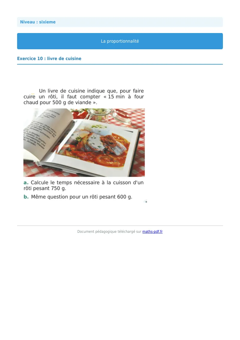 Proportionnalité : exercice n°10 de maths en 6ème corrigé en PDF