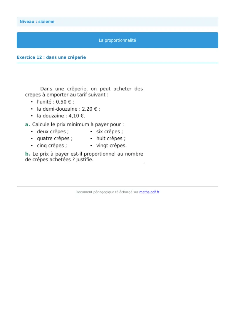 Proportionnalité : exercice n°12 de maths en 6ème corrigé en PDF