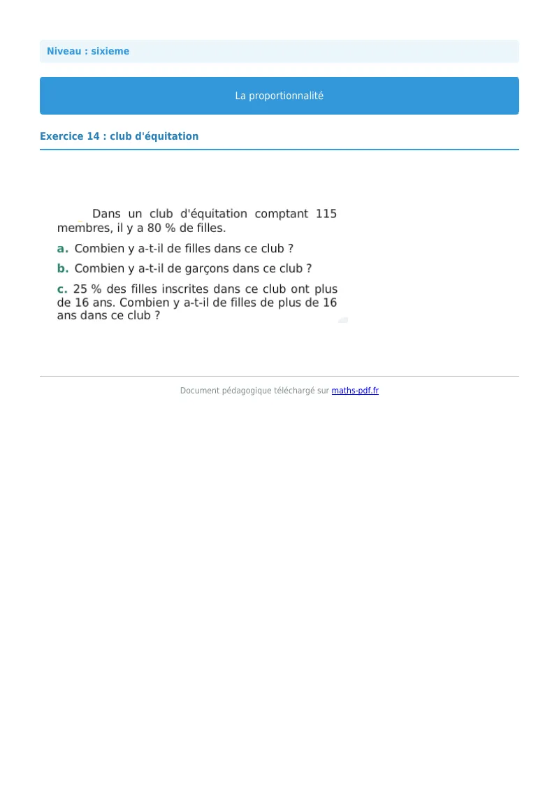 Proportionnalité : exercice n°14 de maths en 6ème corrigé en PDF