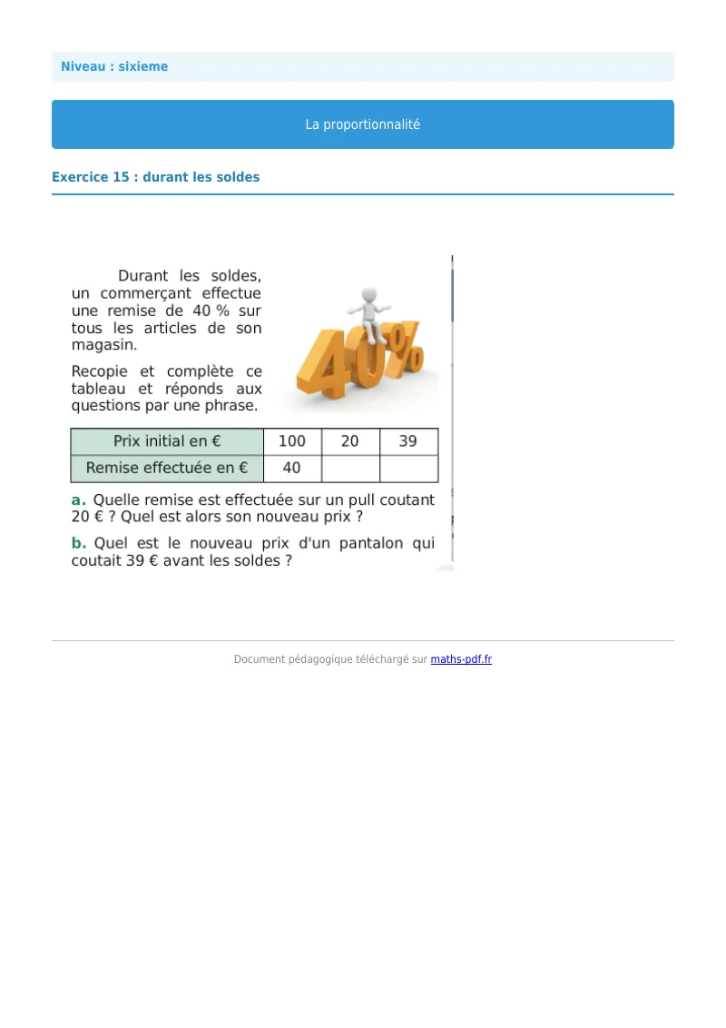 Proportionnalité : exercice n°15 de maths en 6ème corrigé en PDF