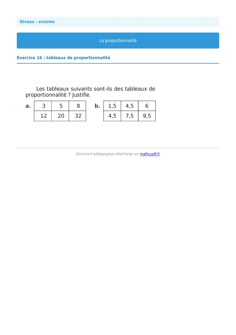 Proportionnalité : exercice n°16 de maths en 6ème corrigé en PDF
