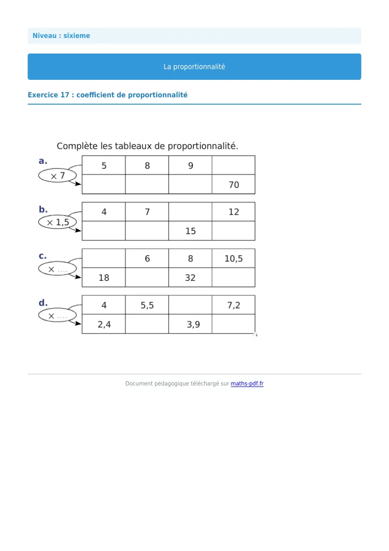Proportionnalité : exercice n°17 de maths en 6ème corrigé en PDF