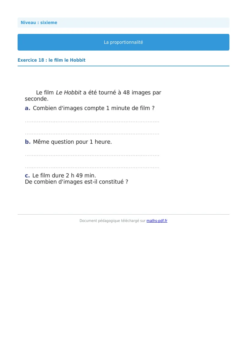 Proportionnalité : exercice n°18 de maths en 6ème corrigé en PDF
