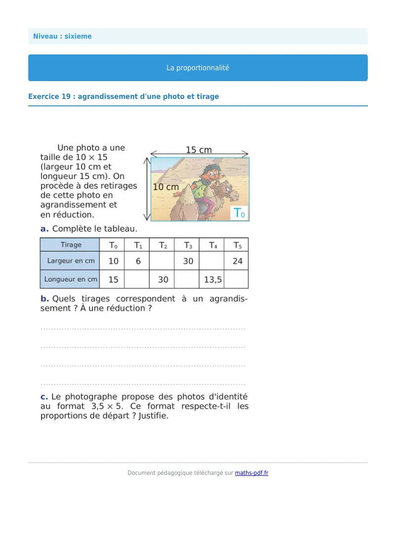 Proportionnalité : exercice n°19 de maths en 6ème corrigé en PDF