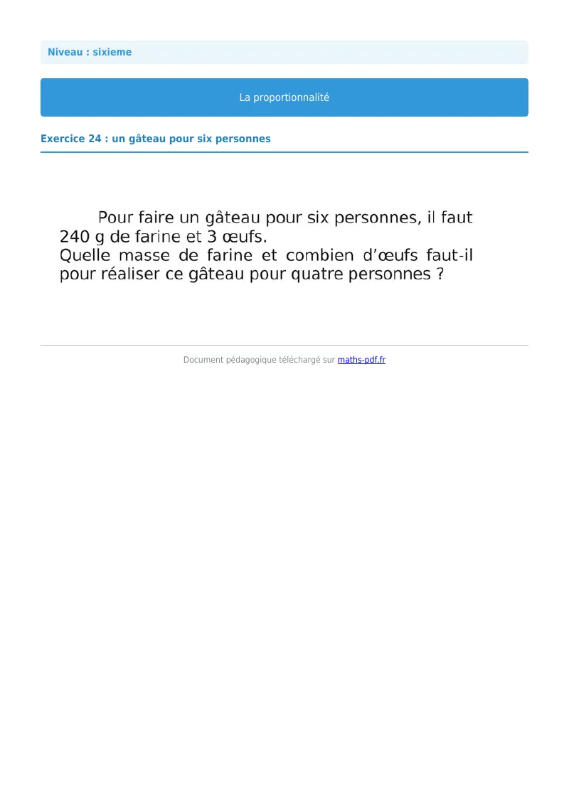 Proportionnalité : exercice n°24 de maths en 6ème corrigé en PDF
