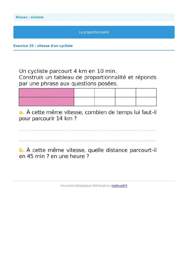 Proportionnalité : exercice n°25 de maths en 6ème corrigé en PDF