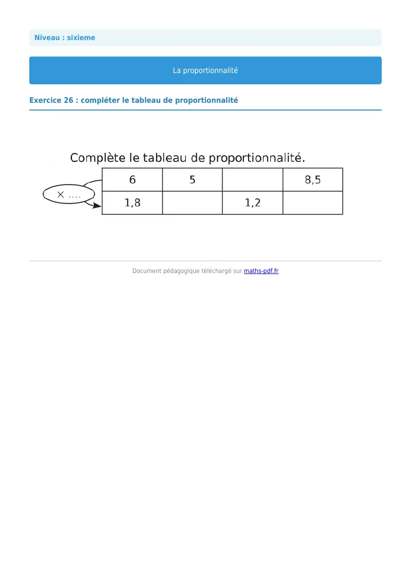 Proportionnalité : exercice n°26 de maths en 6ème corrigé en PDF