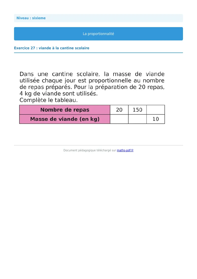 Proportionnalité : exercice n°27 de maths en 6ème corrigé en PDF