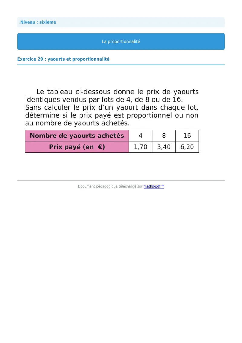 Proportionnalité : exercice n°29 de maths en 6ème corrigé en PDF
