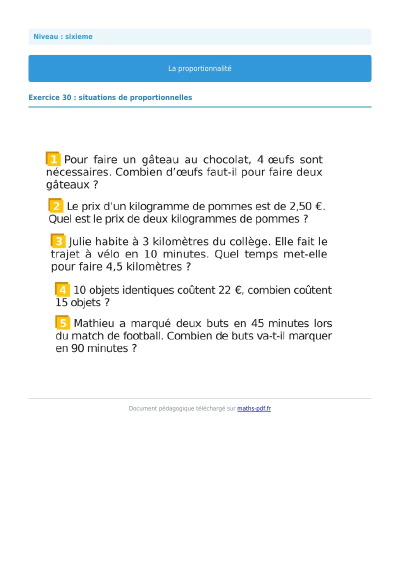 Proportionnalité : exercice n°30 de maths en 6ème corrigé en PDF
