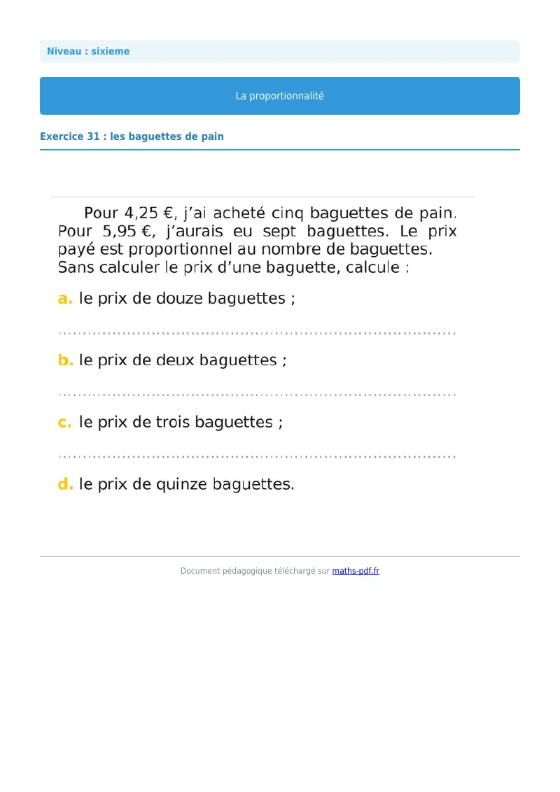 Proportionnalité : exercice n°31 de maths en 6ème corrigé en PDF